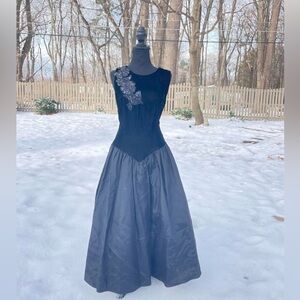 Gunne Sax Black Velvet Dress with Floral Detail